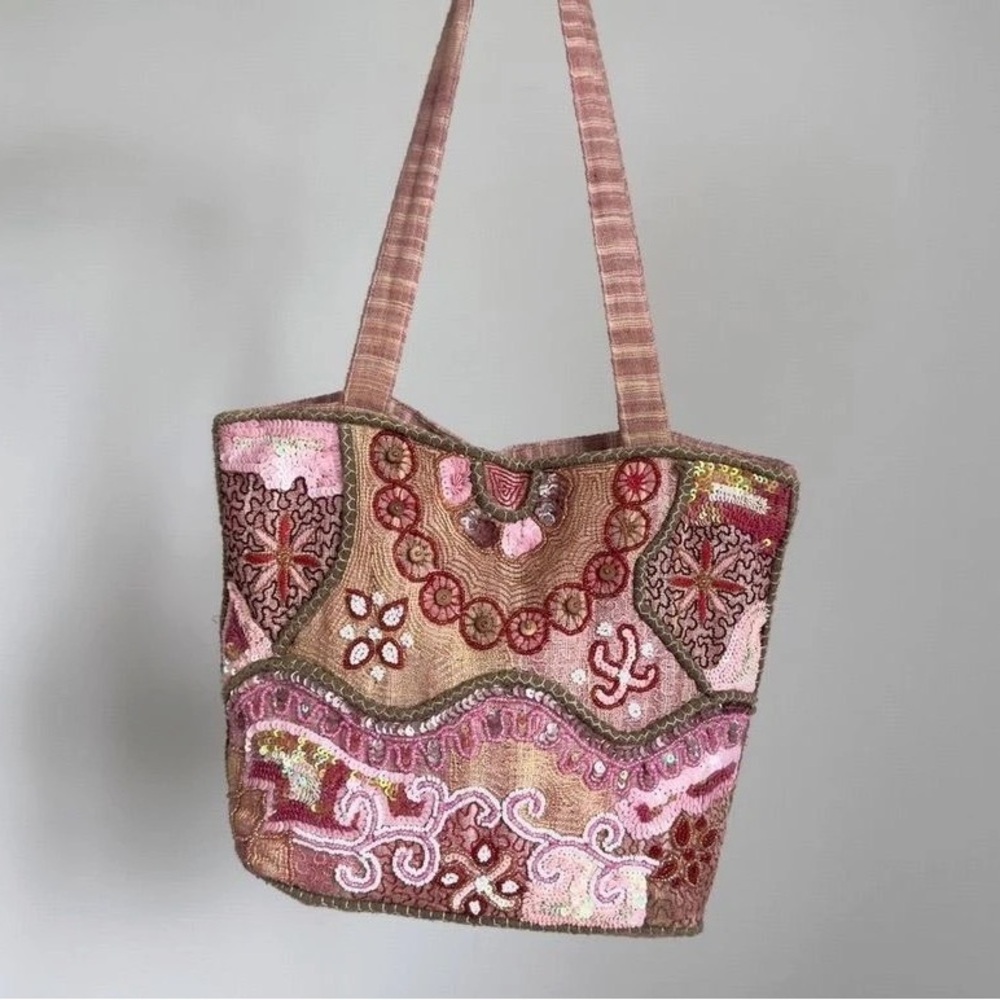pink hippie boho retro beaded shoulder bag